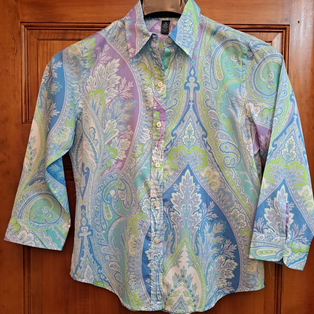 Lauren Ralph Lauren Petites Paisley Floral Blues lavender 3/4 sleeve button down